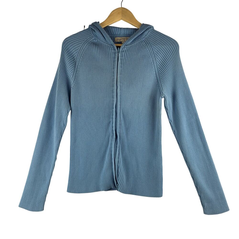 Y2K Jones New York Ribbed Slate Blue Full Zip Hooded Sweater Jacket Womens Large